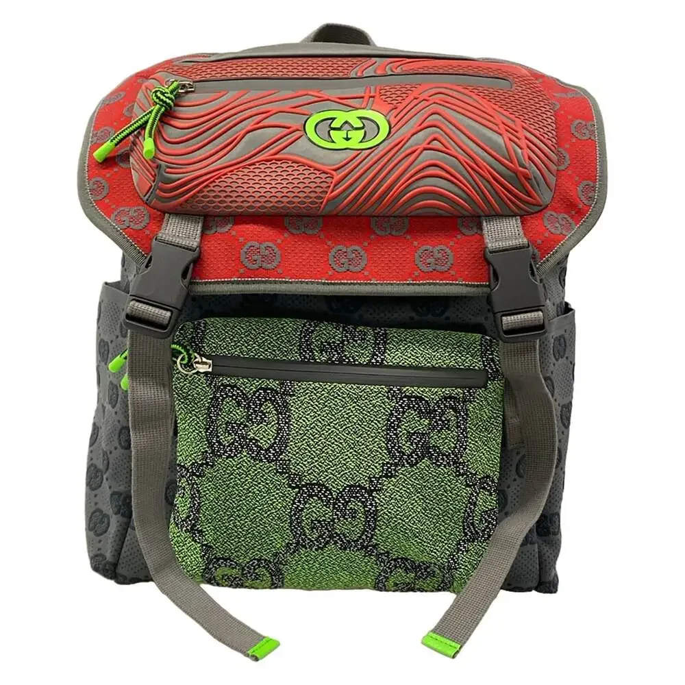 Gucci GG Backpack 752085 Gray Red Green Jersey Nylon Chemical Fiber